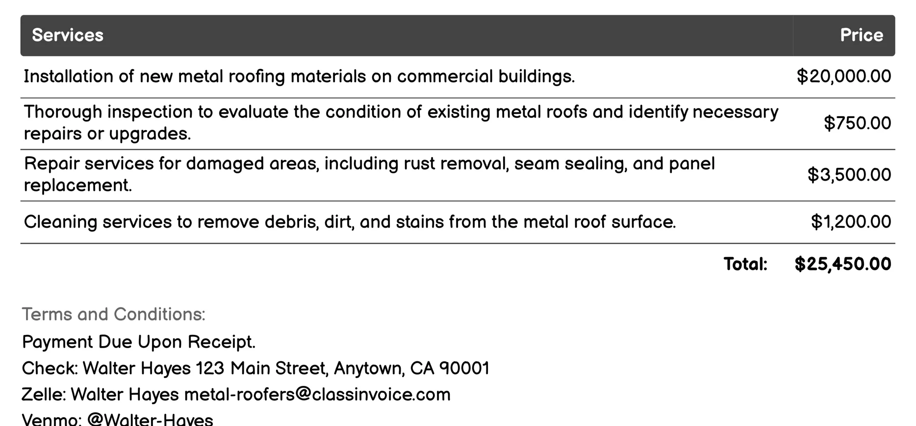 Commercial Metal Roofing Invoice Example