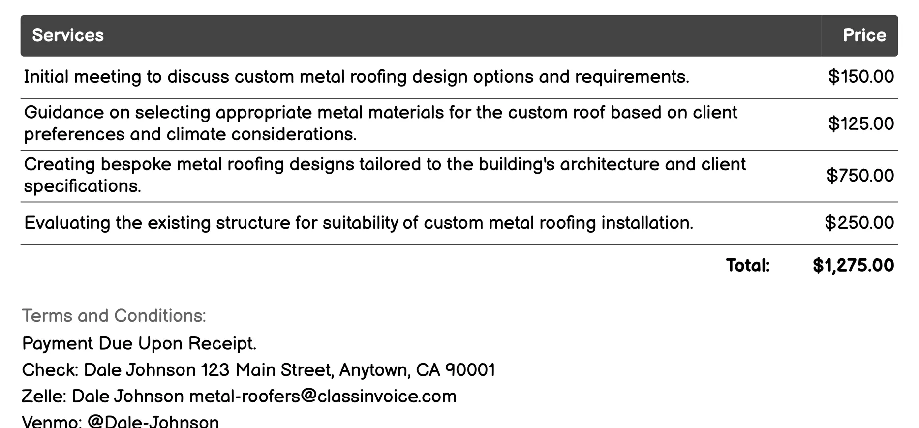 Custom Metal Roofing Designs Invoice Example