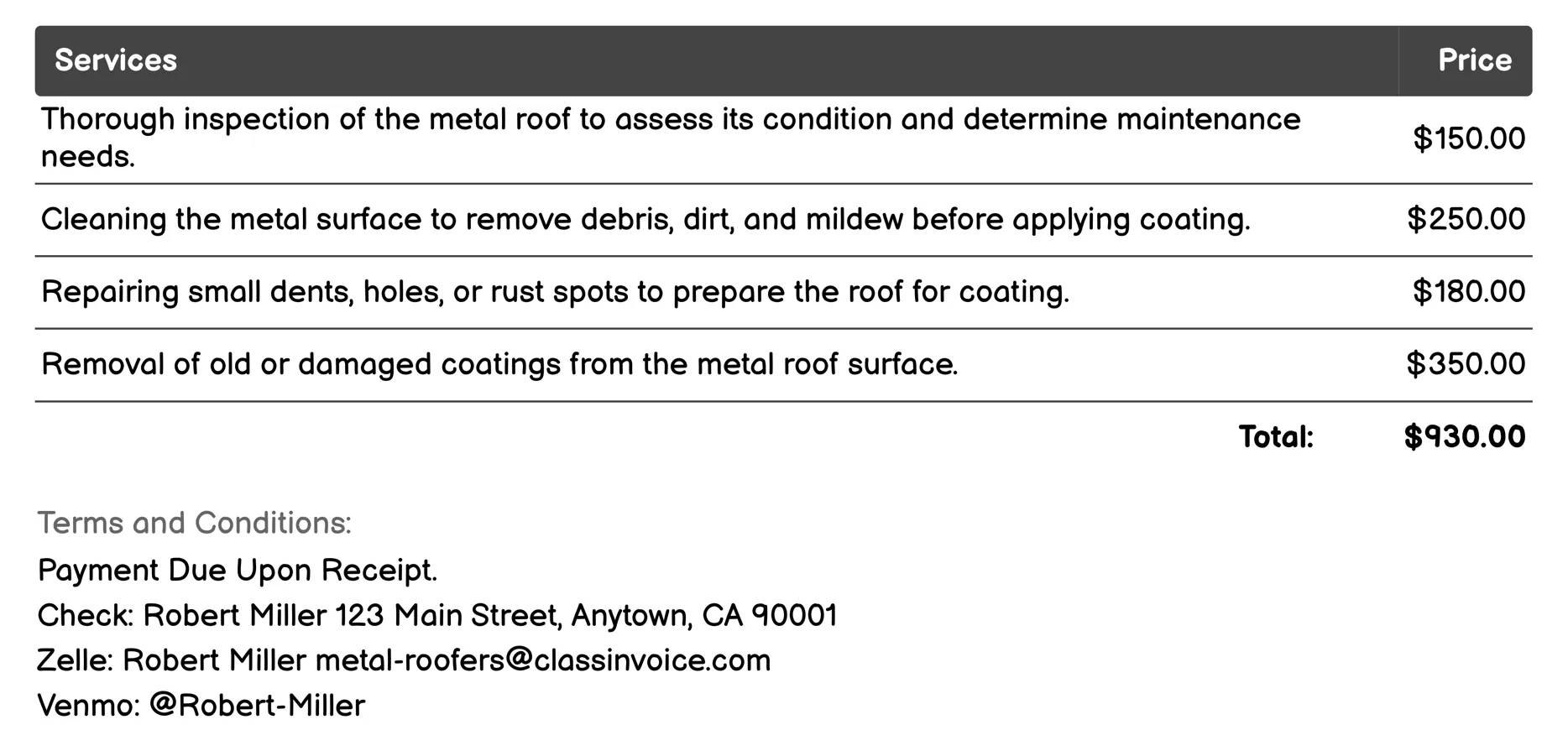 Roof Coating and Maintenance Services Invoice Example