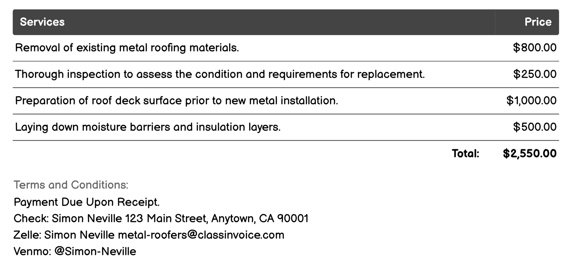 Roof Replacement Invoice Example