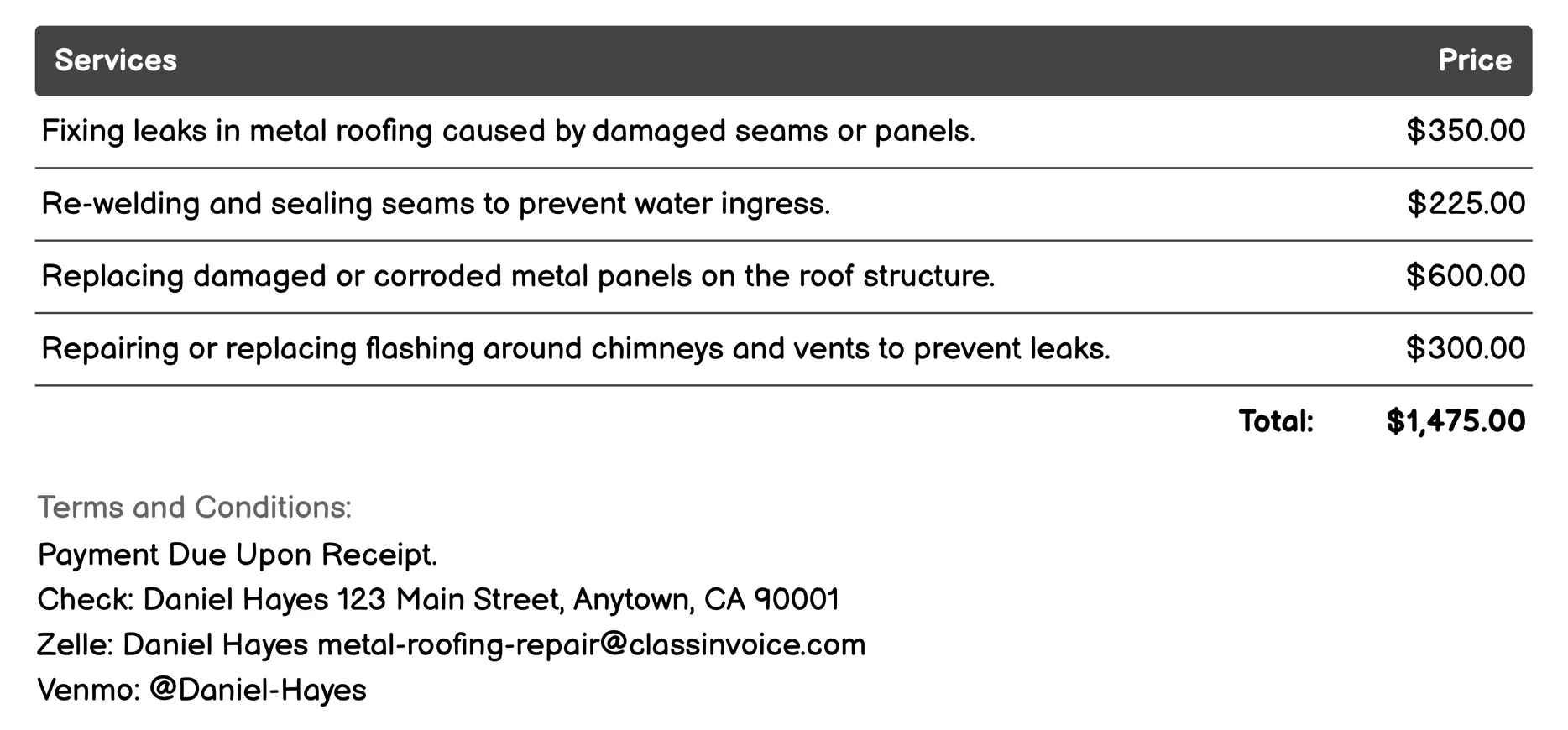 Structural Repairs Invoice Example