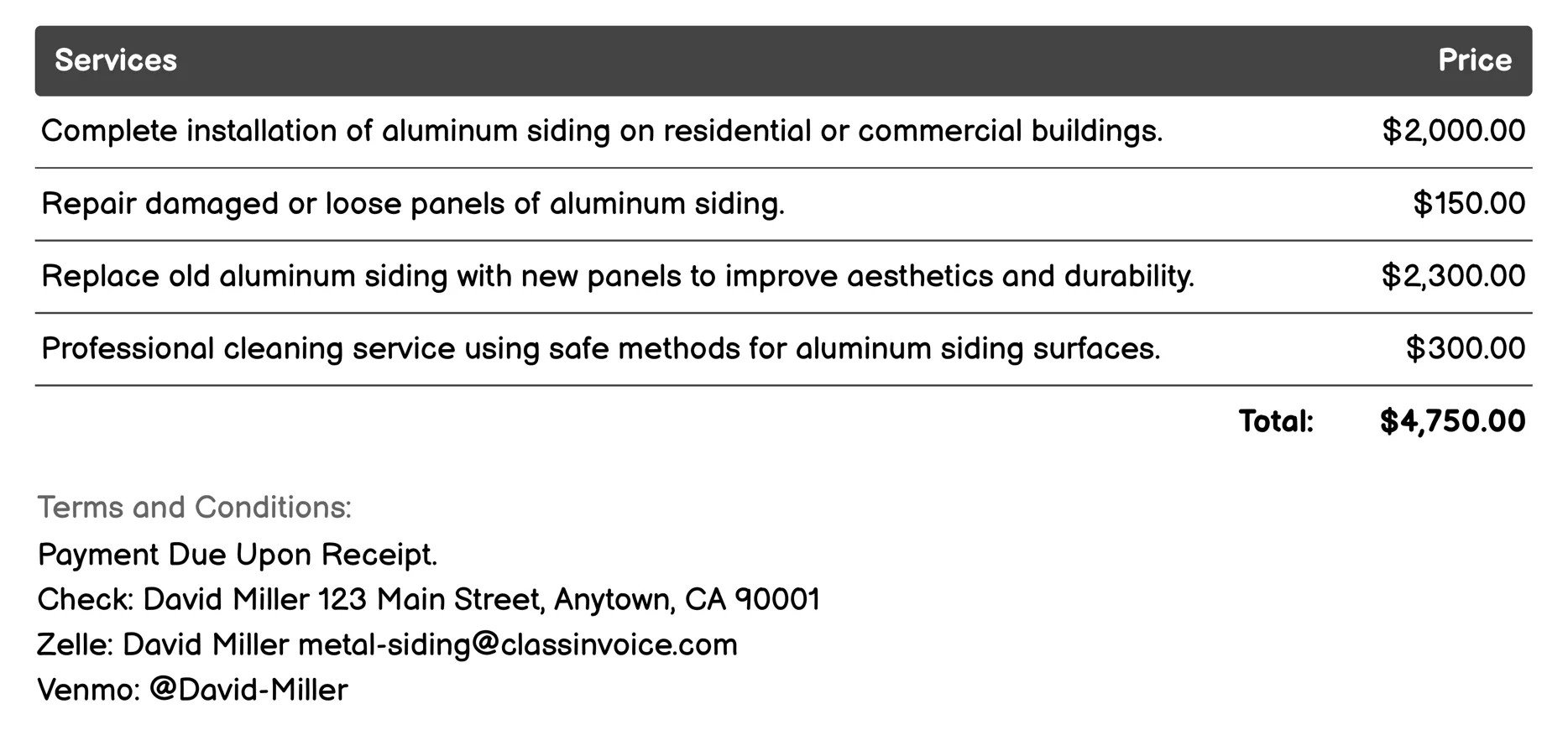 Aluminum Siding Invoice Example