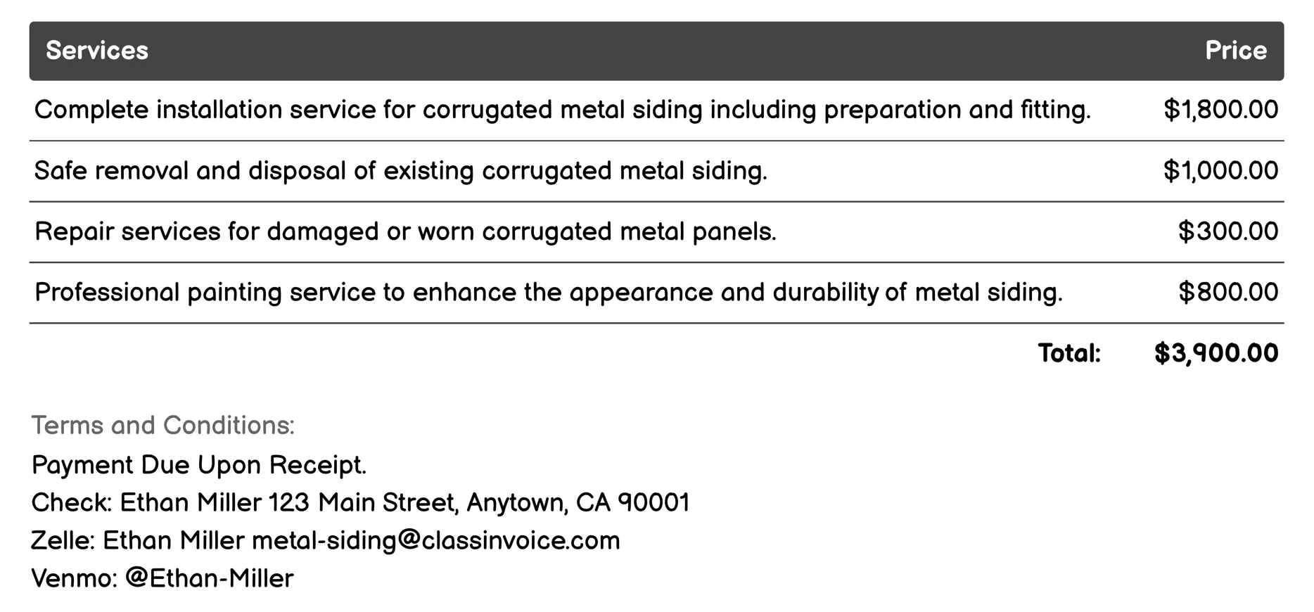 Corrugated Metal Siding Invoice Example