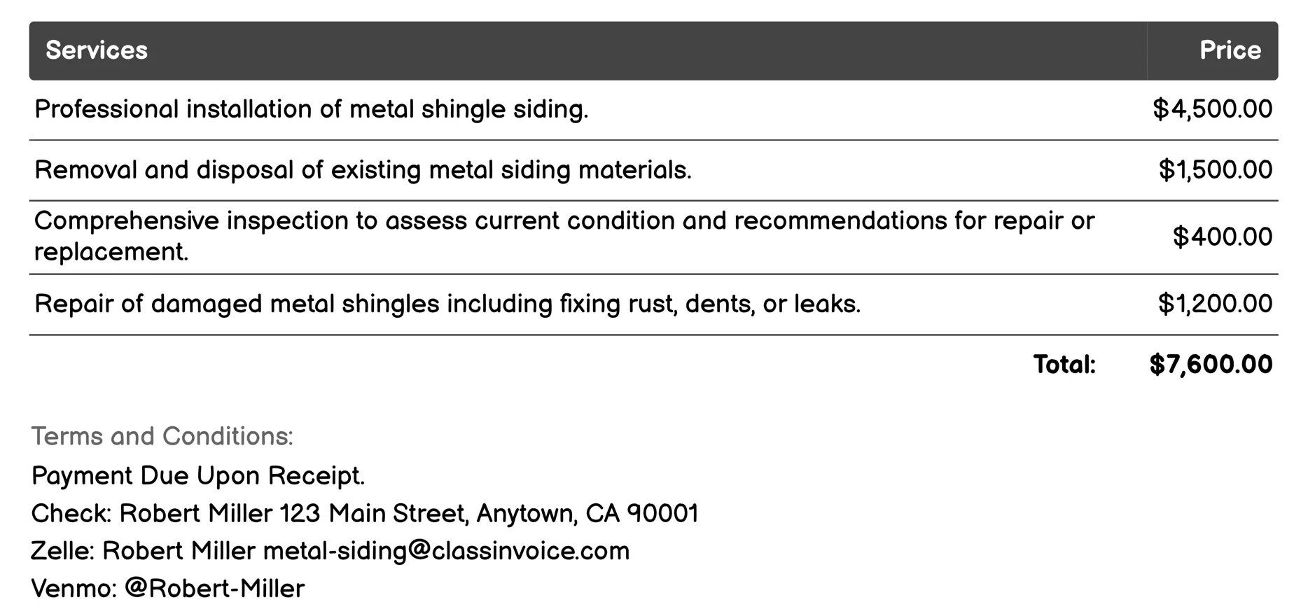 Metal Shingle Siding Invoice Example