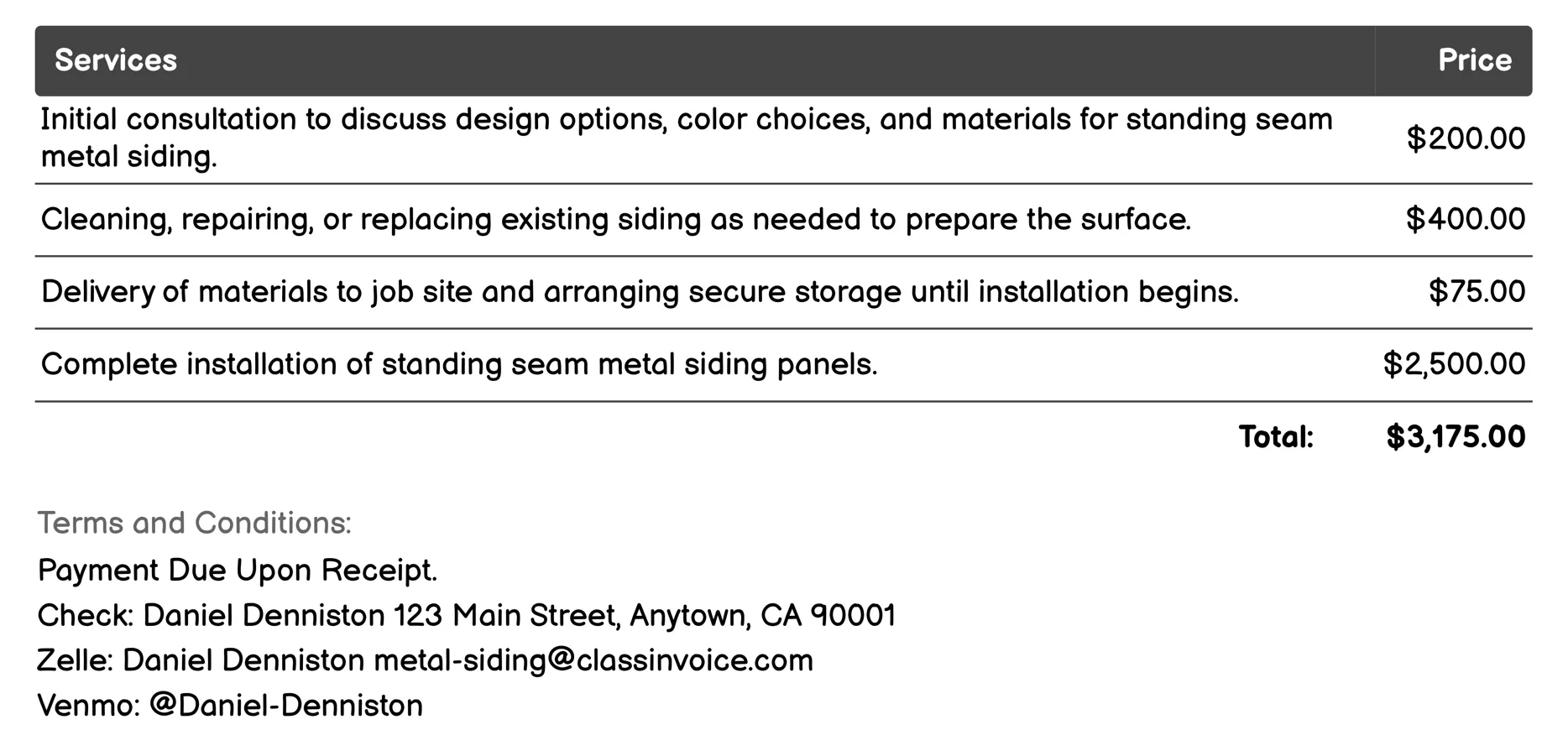Standing Seam Metal Siding Invoice Example