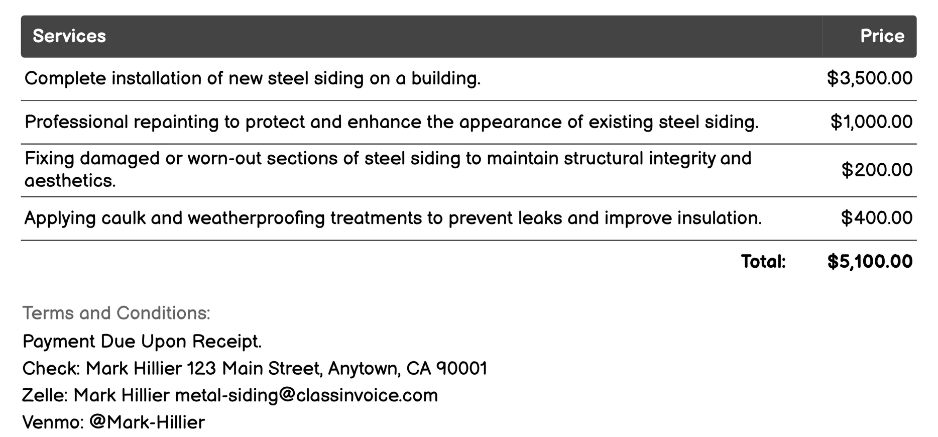 Steel Siding Invoice Example