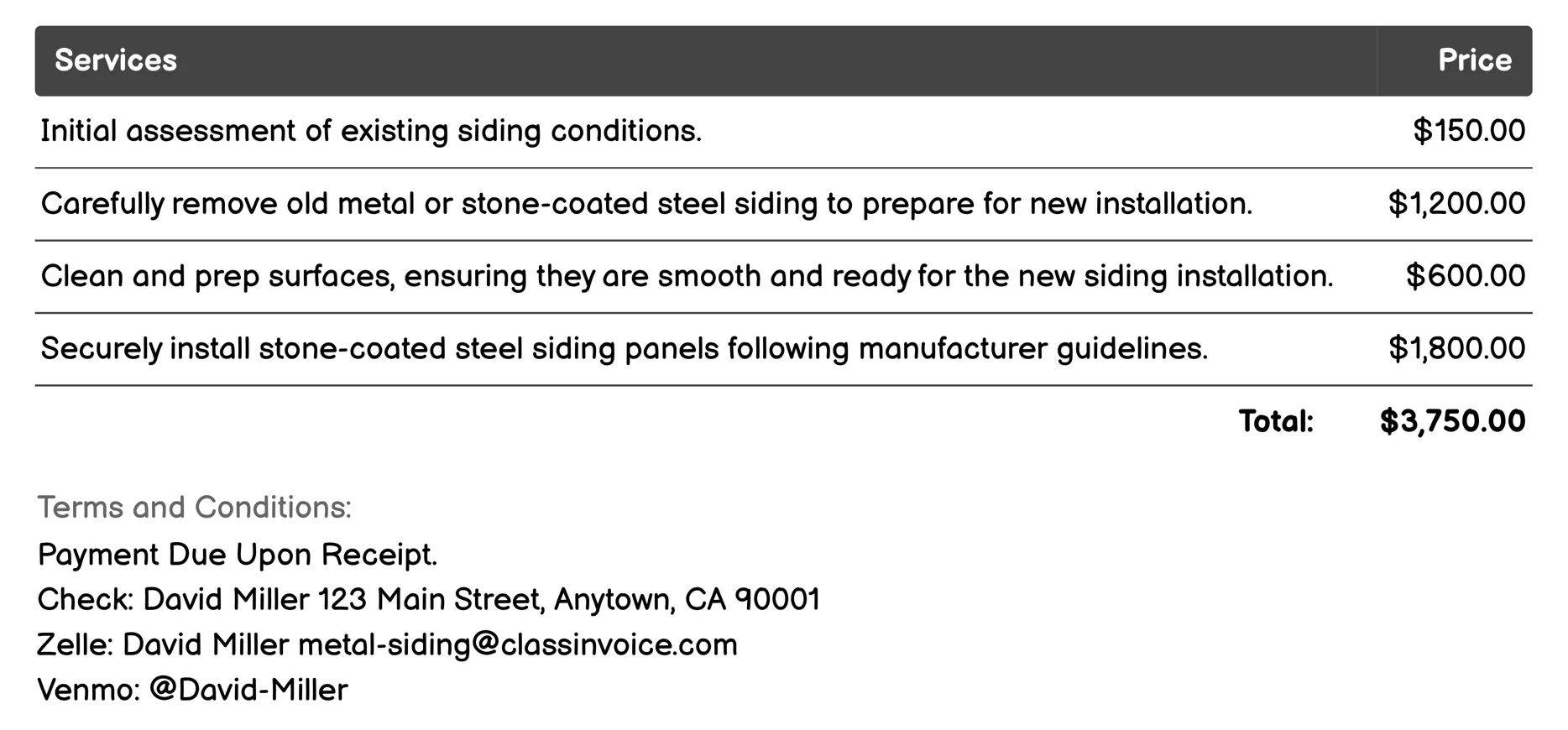 Stone-Coated Steel Siding Invoice Example