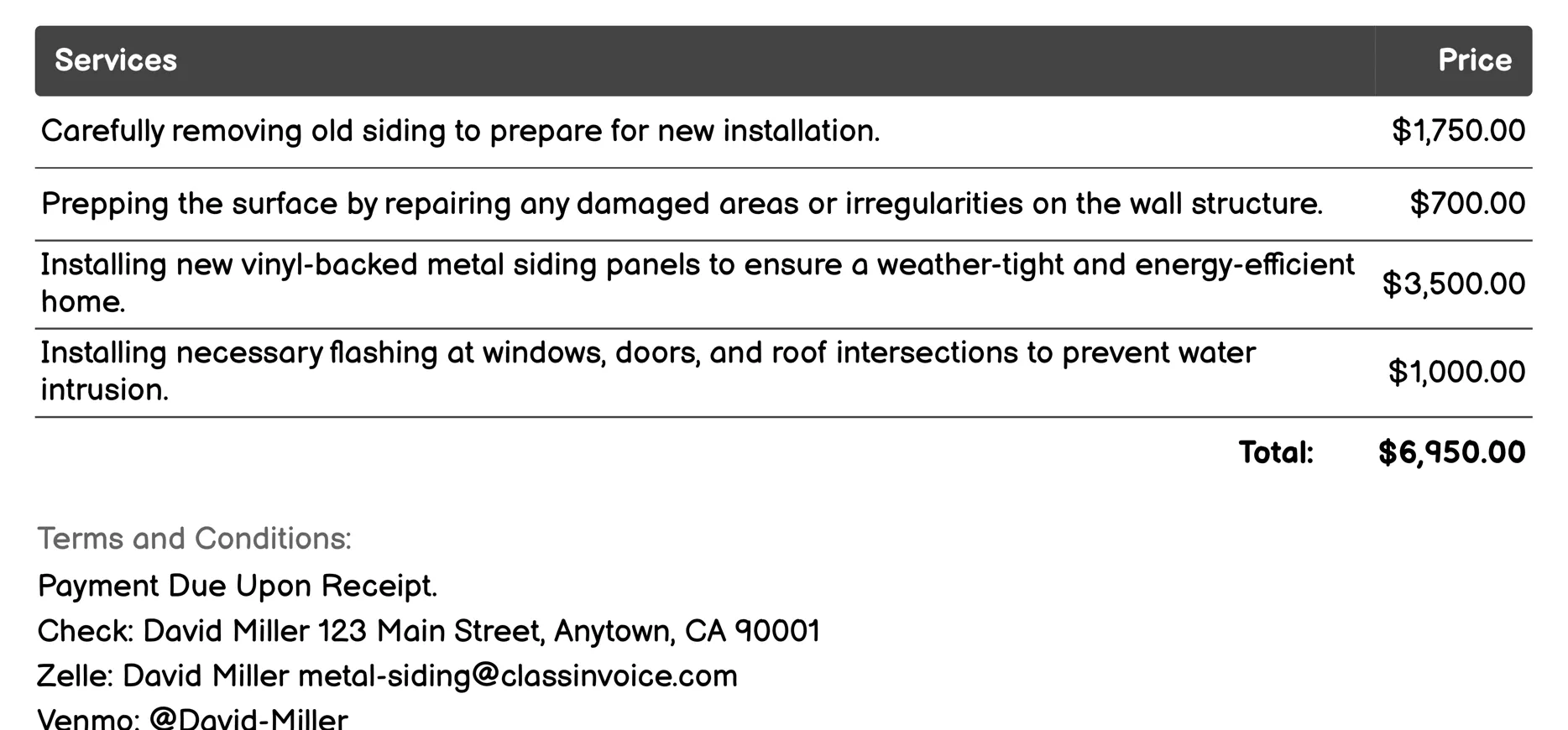 Vinyl-Backed Metal Siding Invoice Example