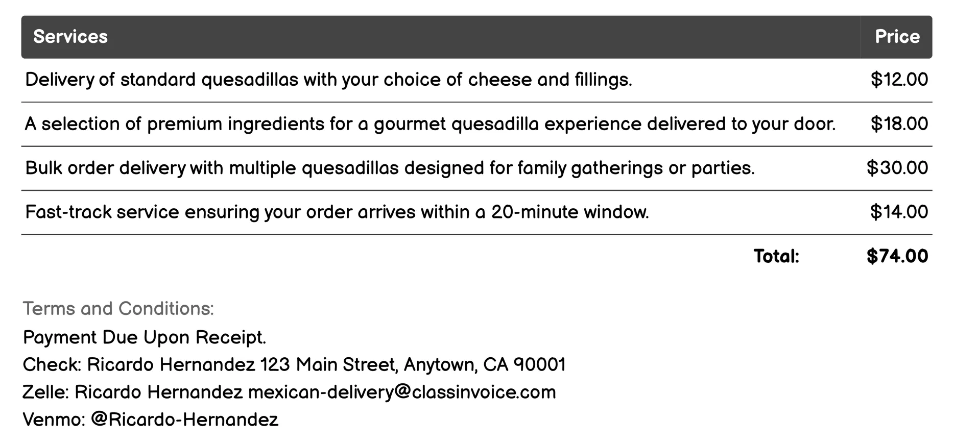 Quesadillas Invoice Example