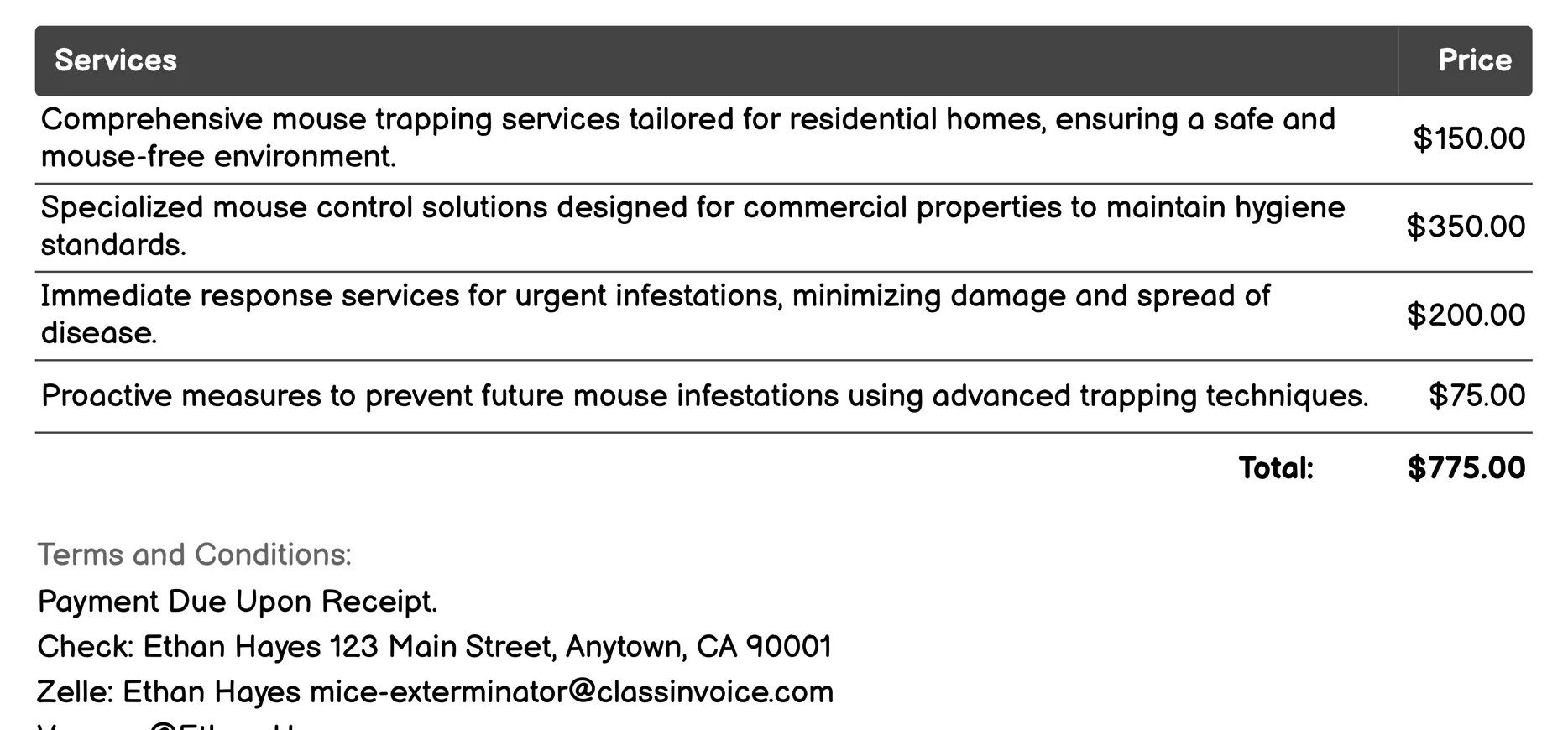 Mouse Trapping Services Invoice Example