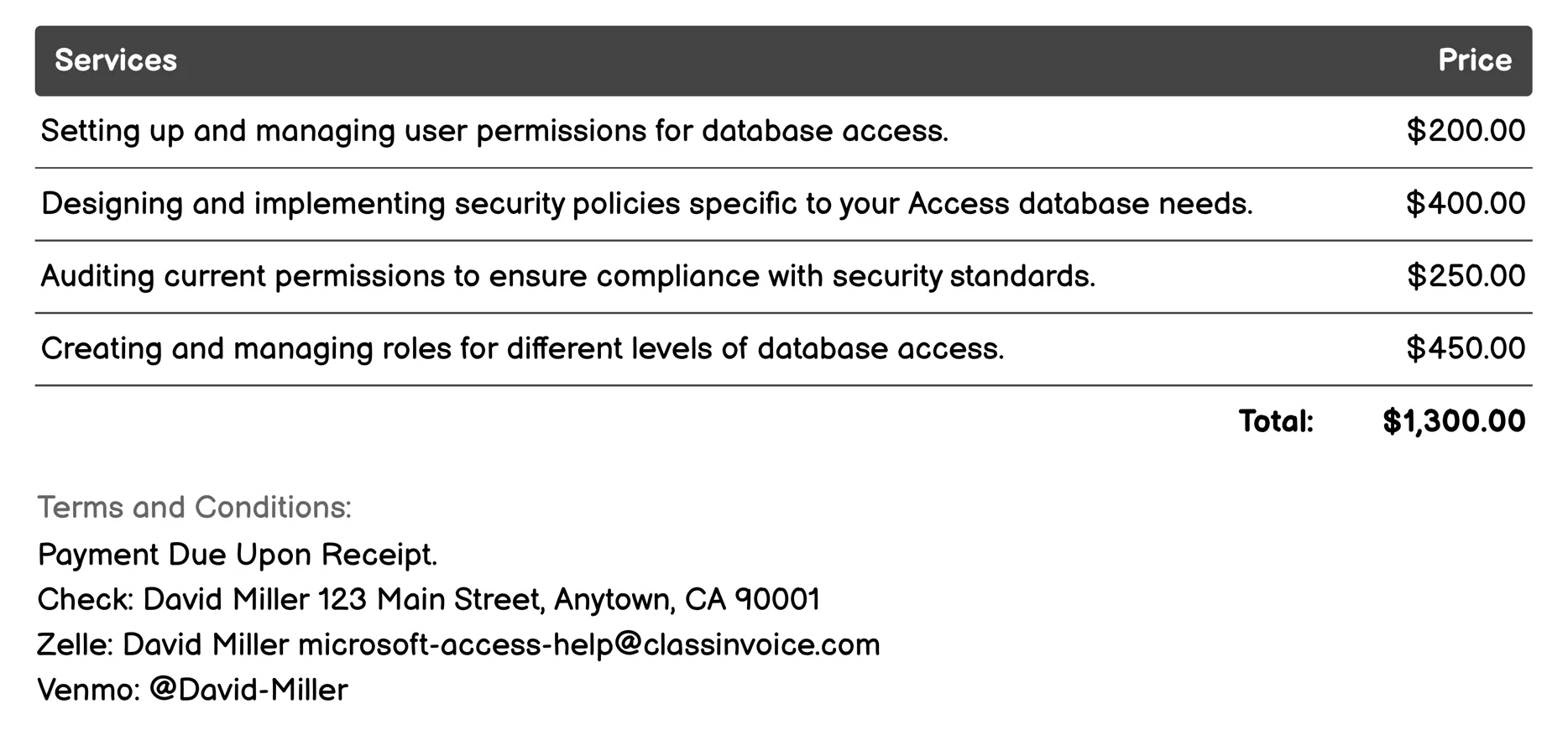 Security and Permissions Invoice Example
