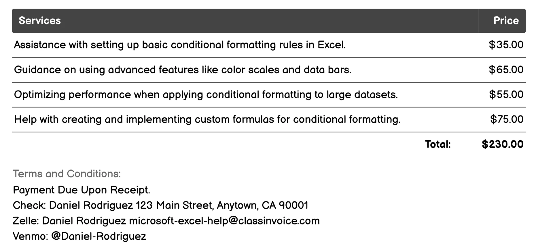 Conditional Formatting Invoice Example