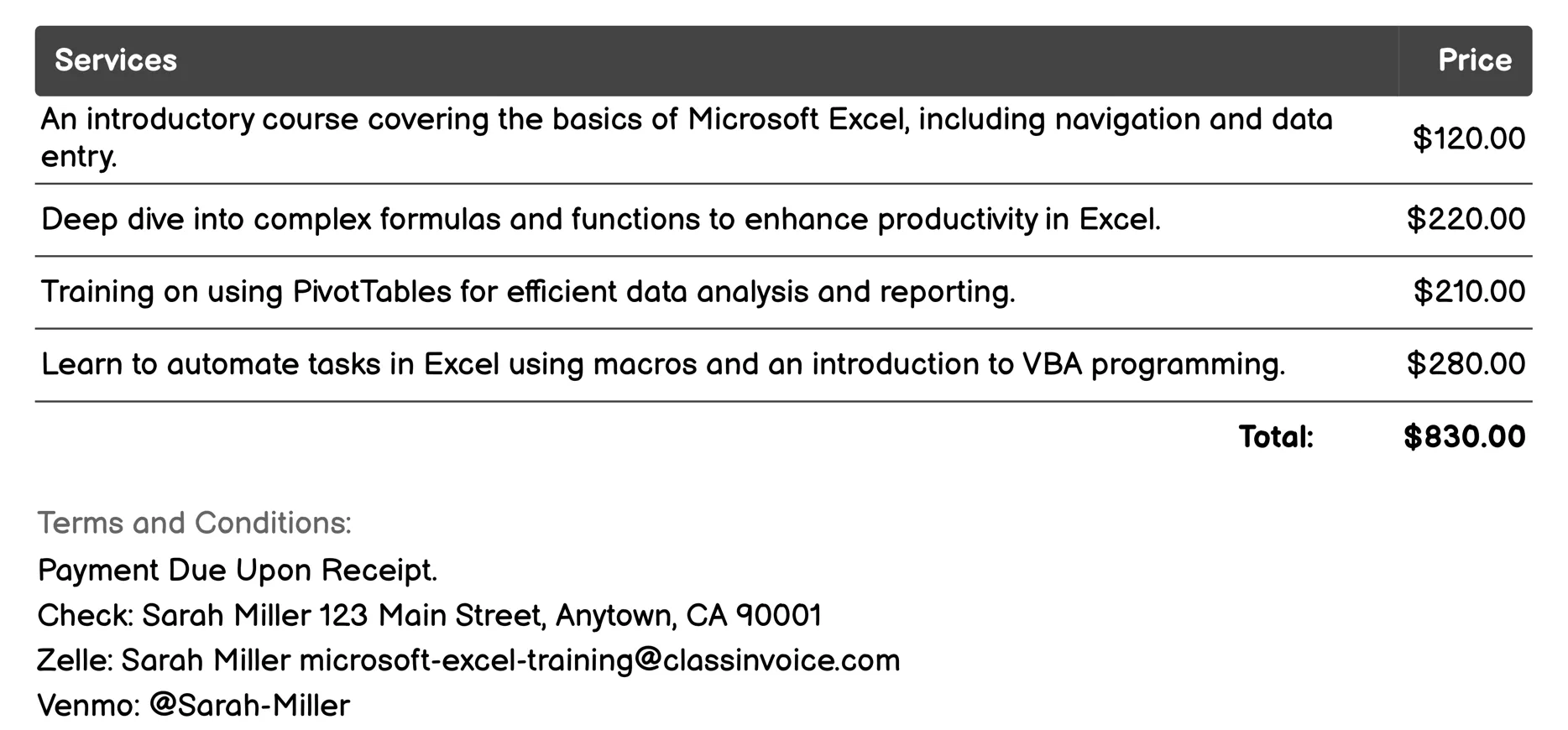 Excel for Business Applications Invoice Example