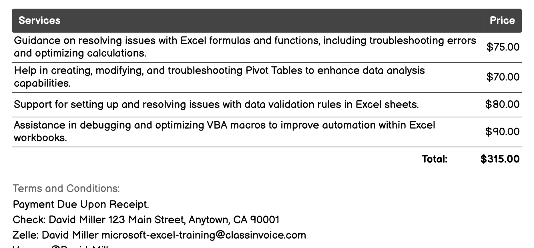 Excel Troubleshooting and Support Invoice Example