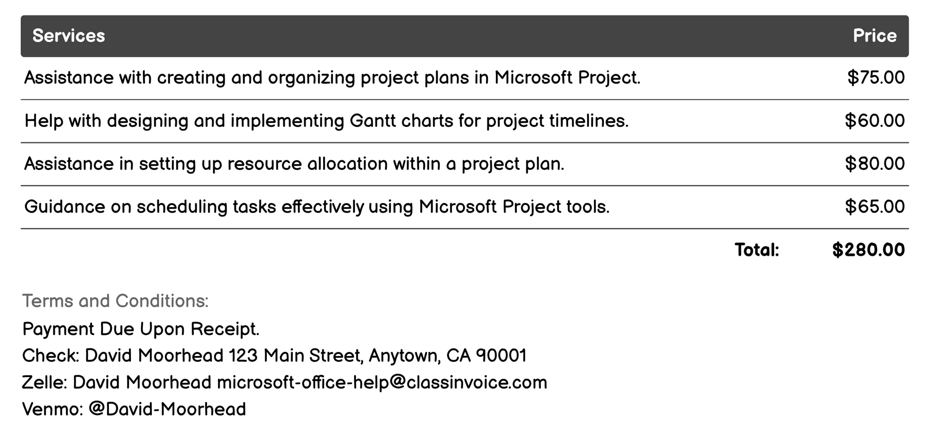 Project Assistance Invoice Example