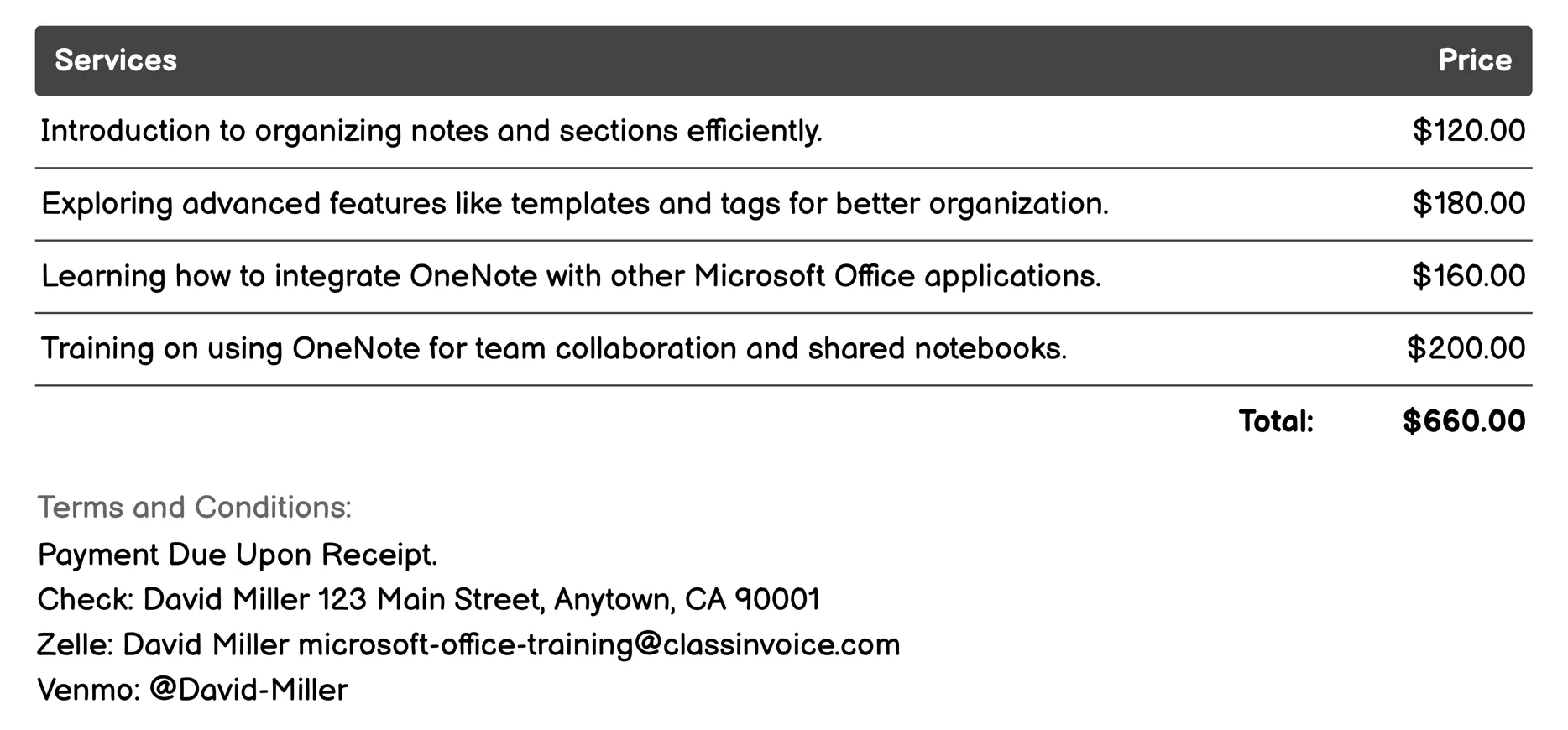 OneNote Organization Invoice Example