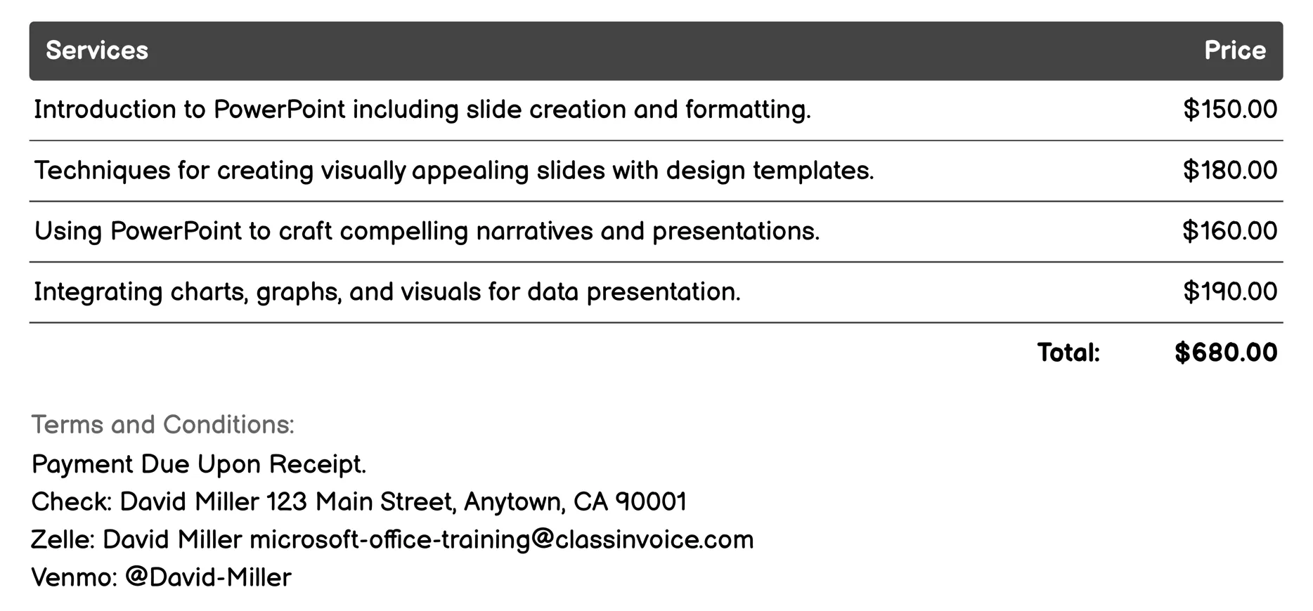 PowerPoint Pro Techniques Invoice Example