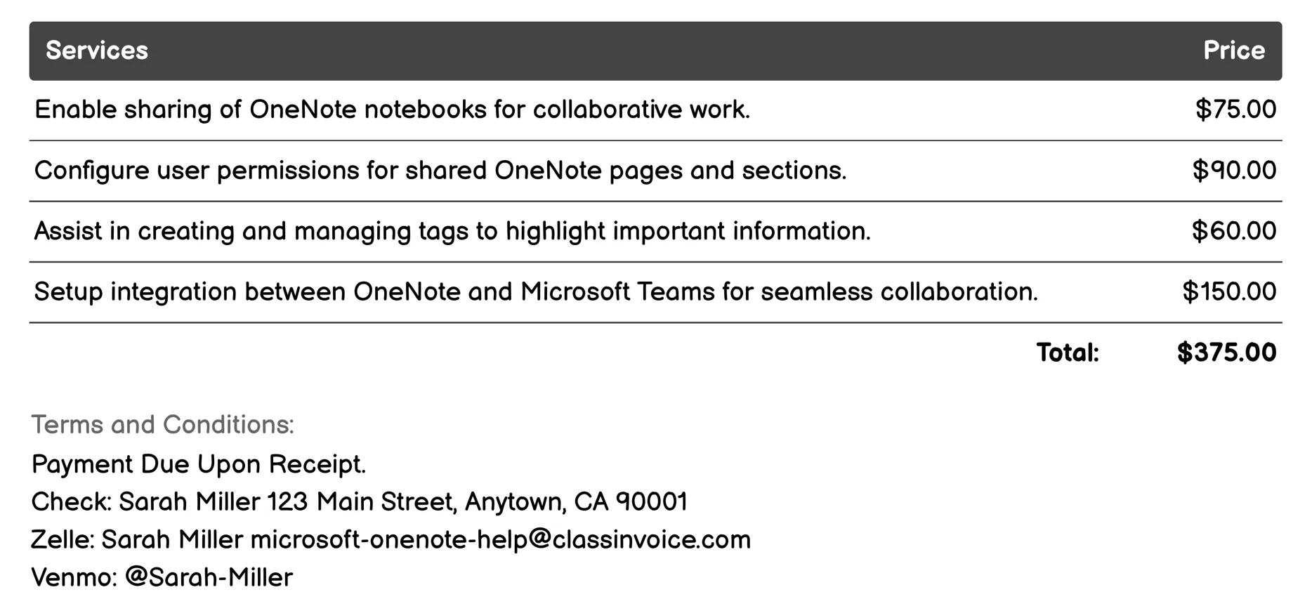 Collaboration Features Invoice Example