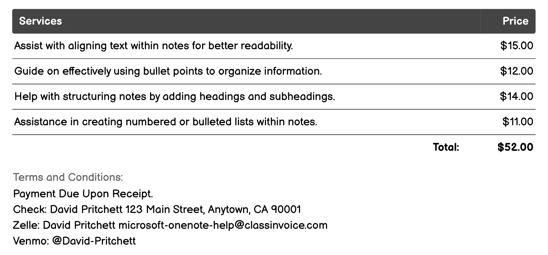 Formatting Notes Invoice Example