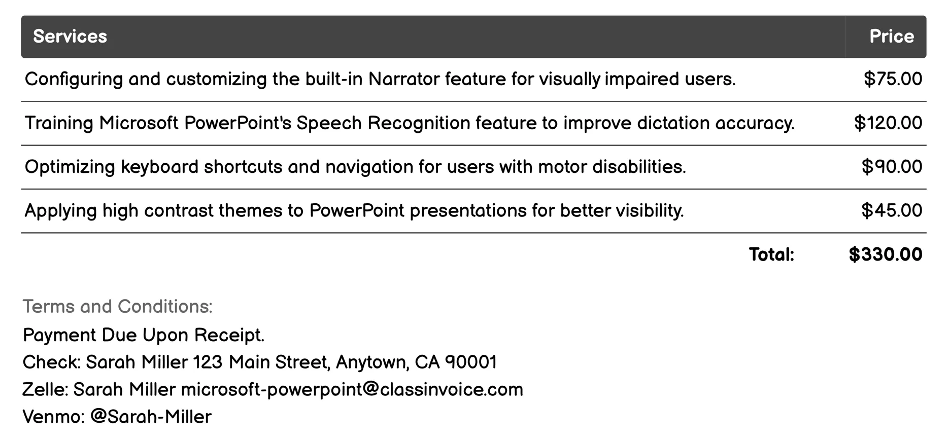 Accessibility Features Invoice Example