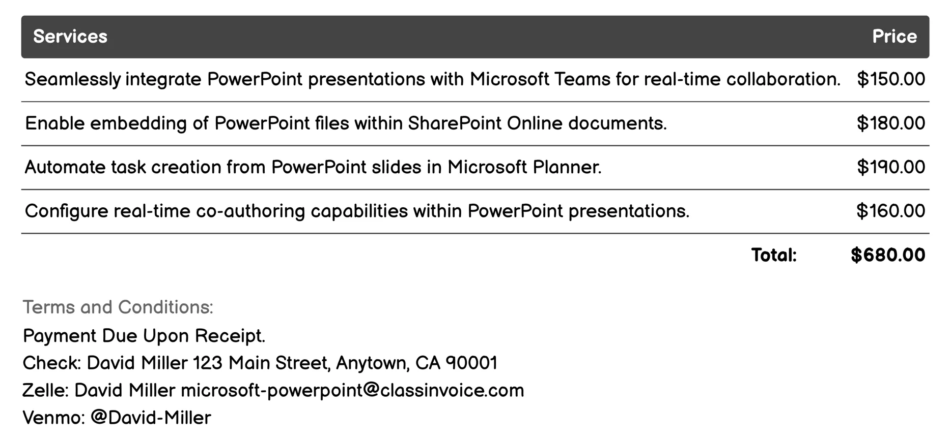 Integrate with Office 365 Apps Invoice Example