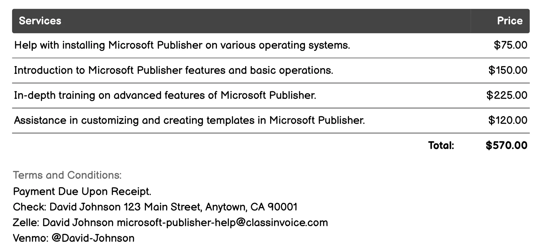Product Support Invoice Example