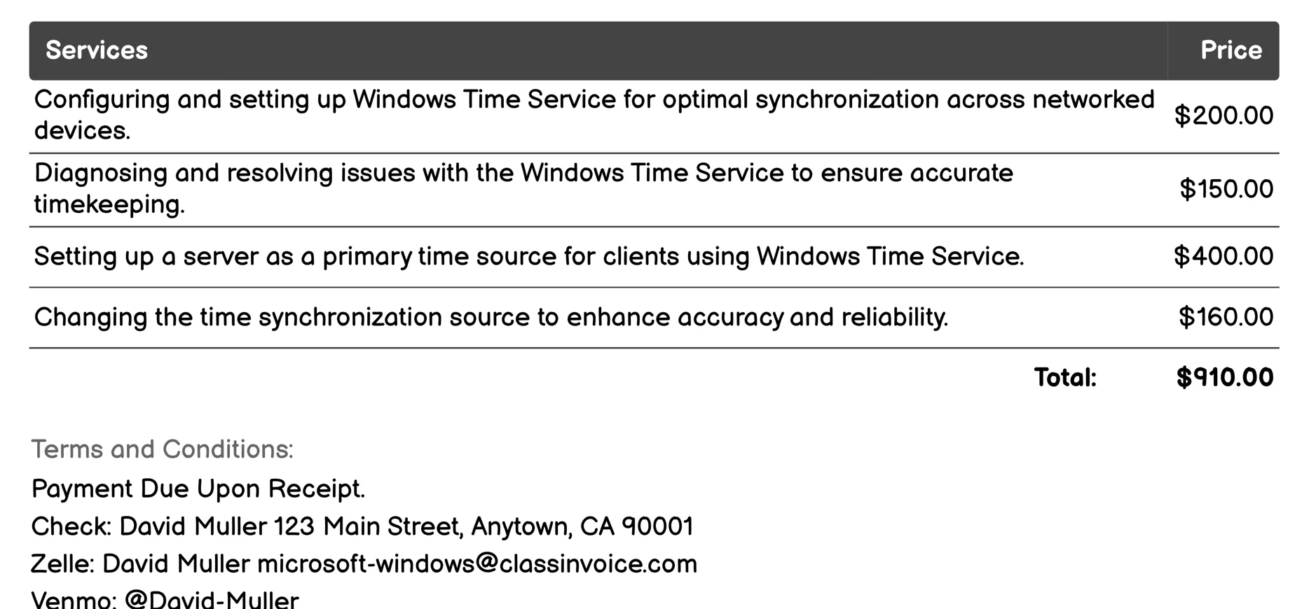 Windows Time Service Invoice Example