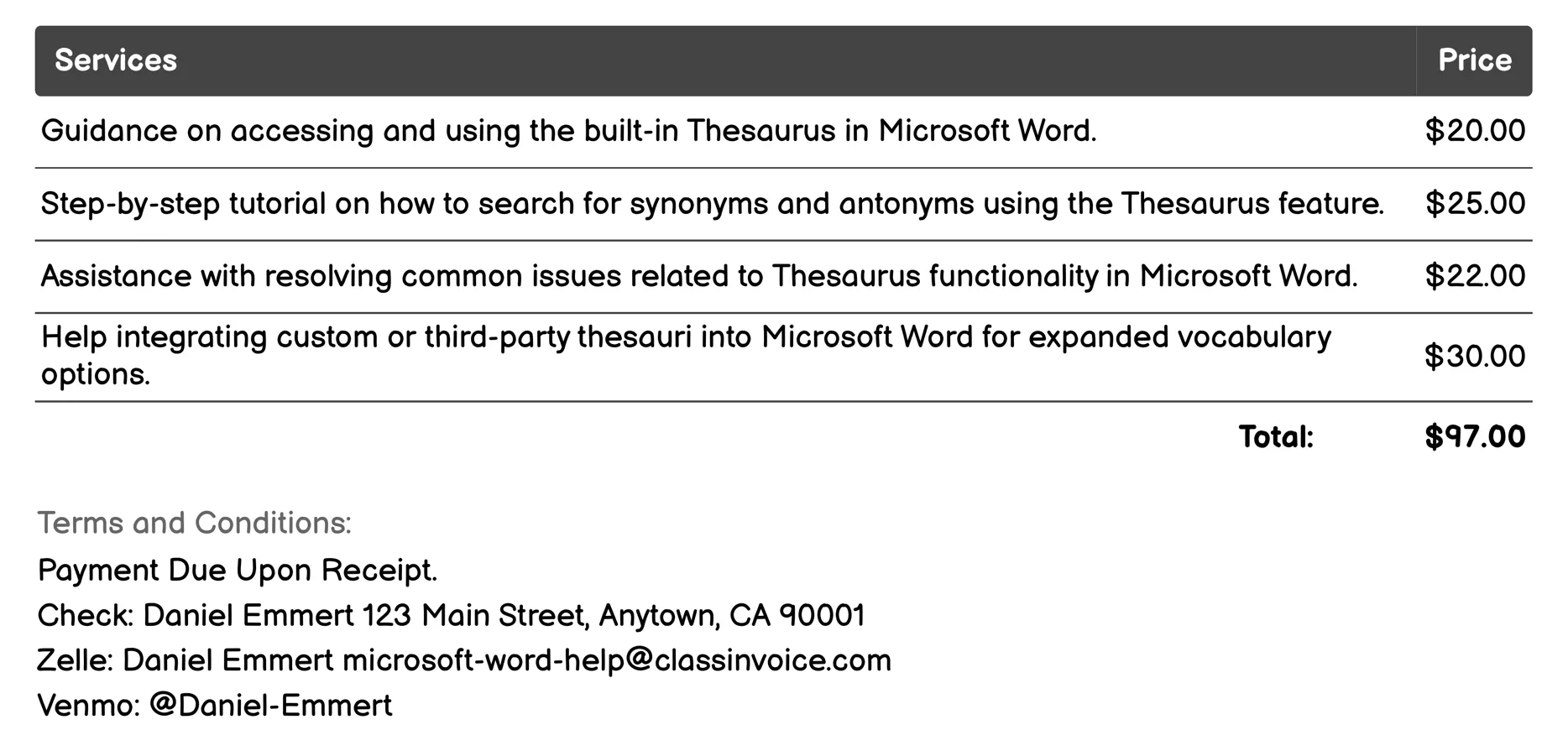 Thesaurus Invoice Example