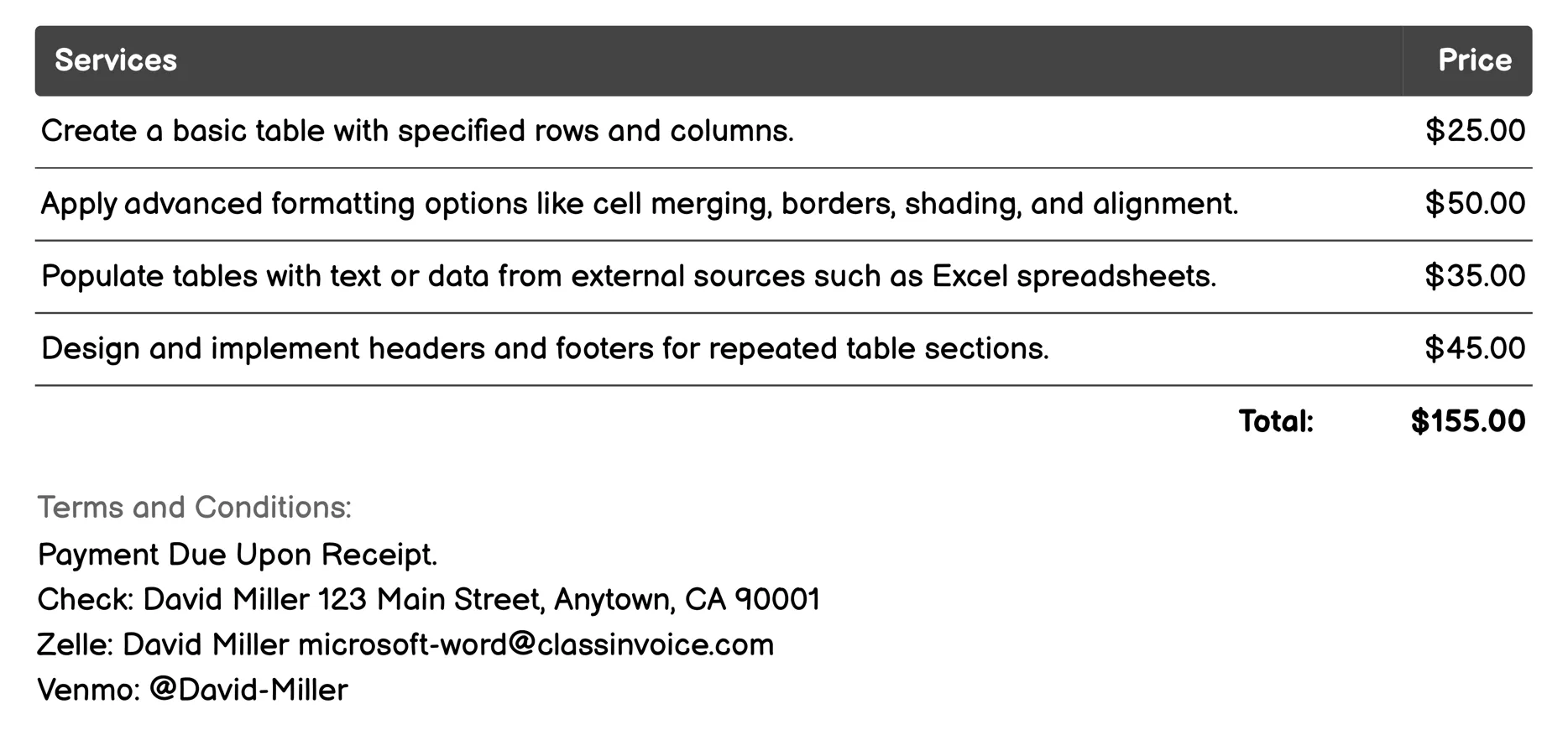 Table Creation and Management Invoice Example