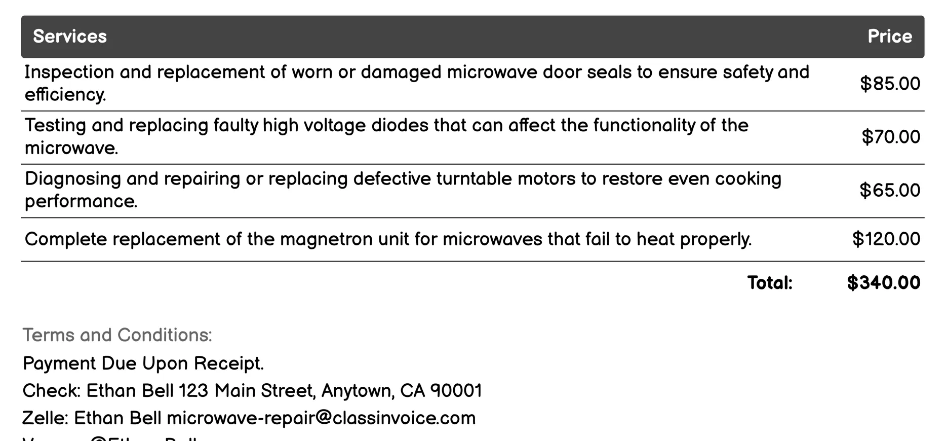 In-House Technician Service Invoice Example