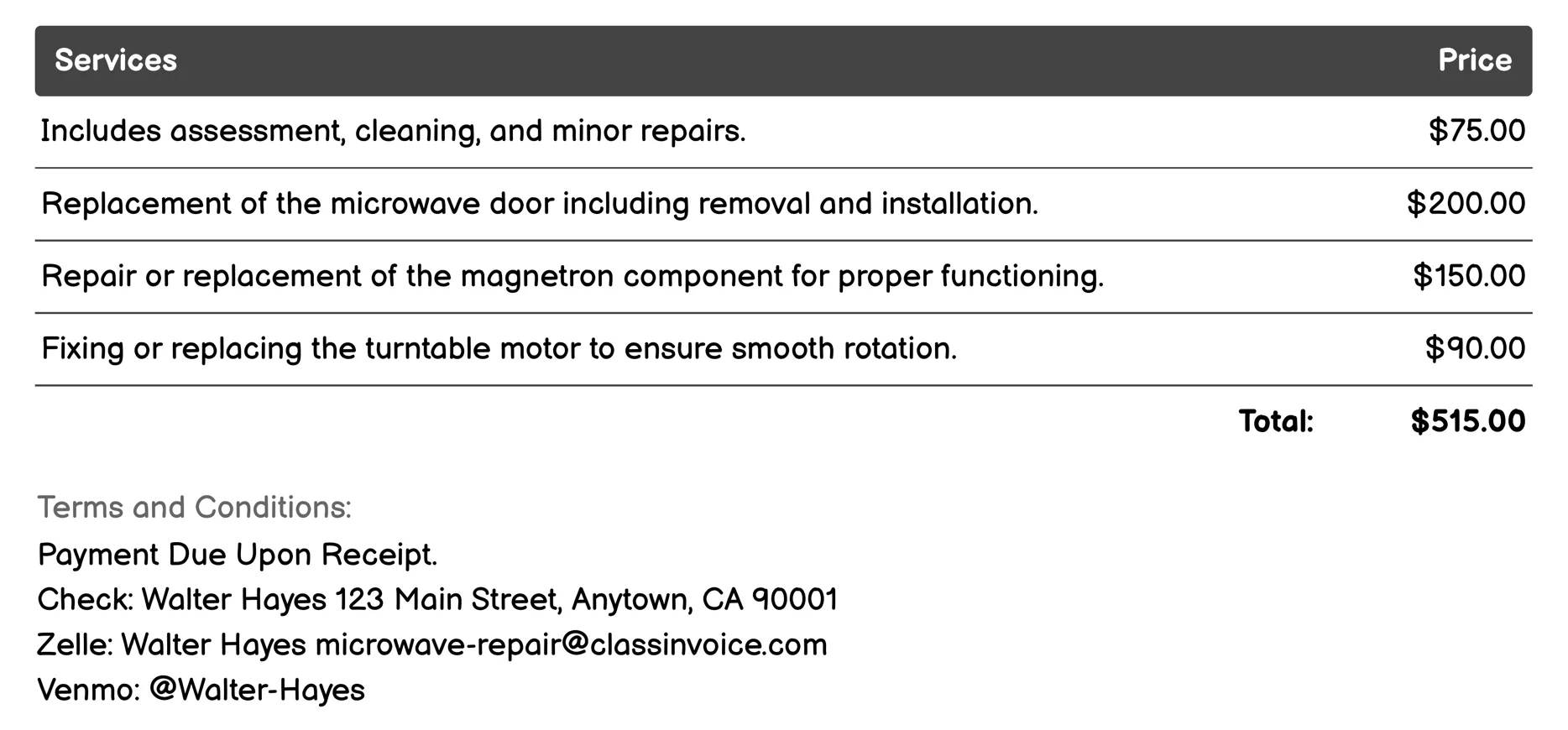 Pickup and Delivery Repair Invoice Example