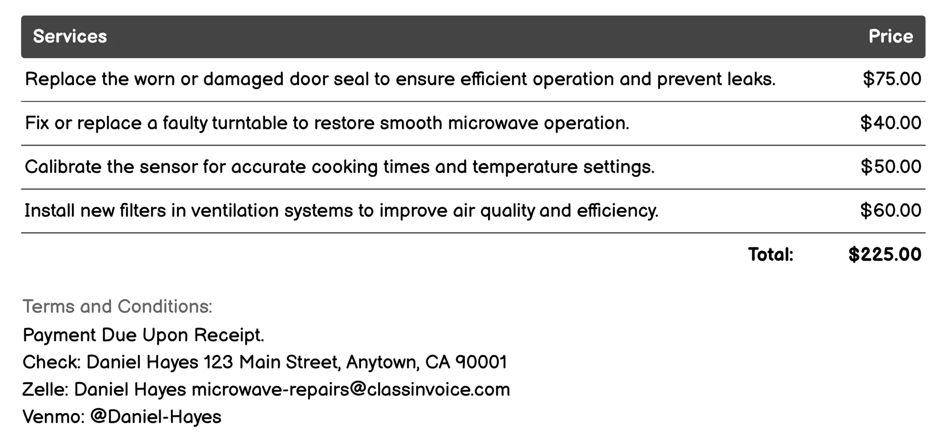 Ventilation System Cleaning & Repair Invoice Example