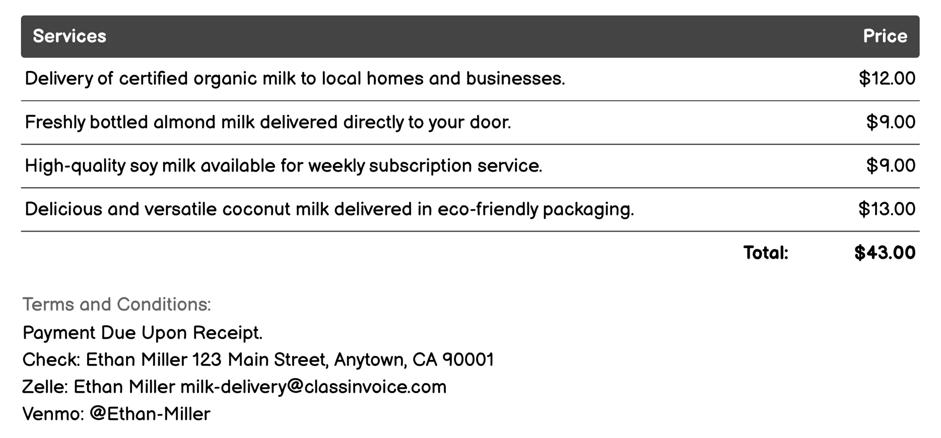 Specialized Dairy Products Delivery Invoice Example