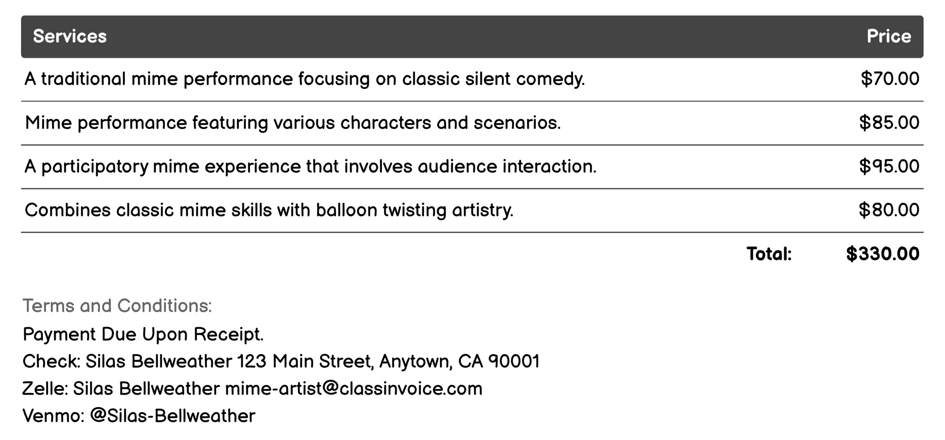 Acrobatics Invoice Example