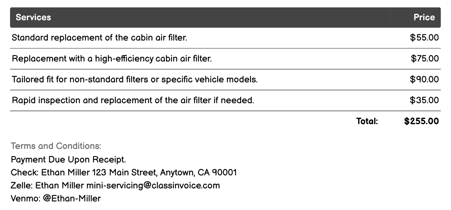 Air Filter Replacement Invoice Example