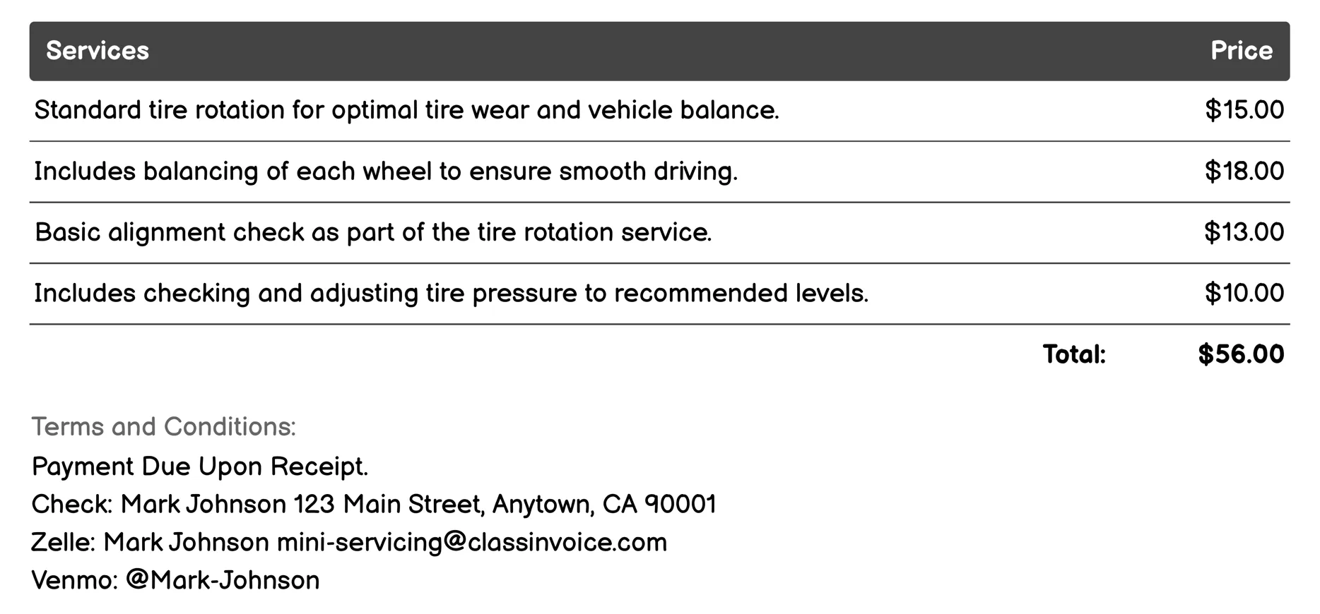 Tire Rotation Invoice Example