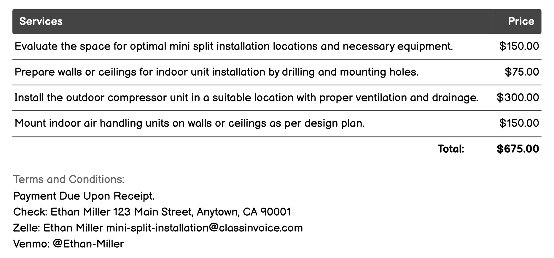 Ductless Mini Split Installation Invoice Example