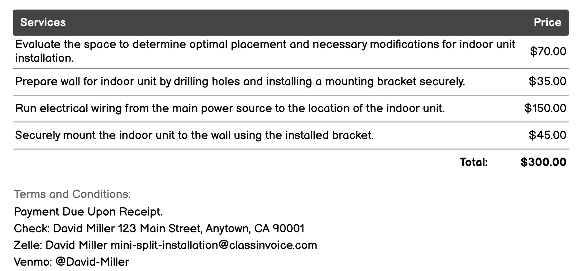 Indoor Unit Installation Invoice Example