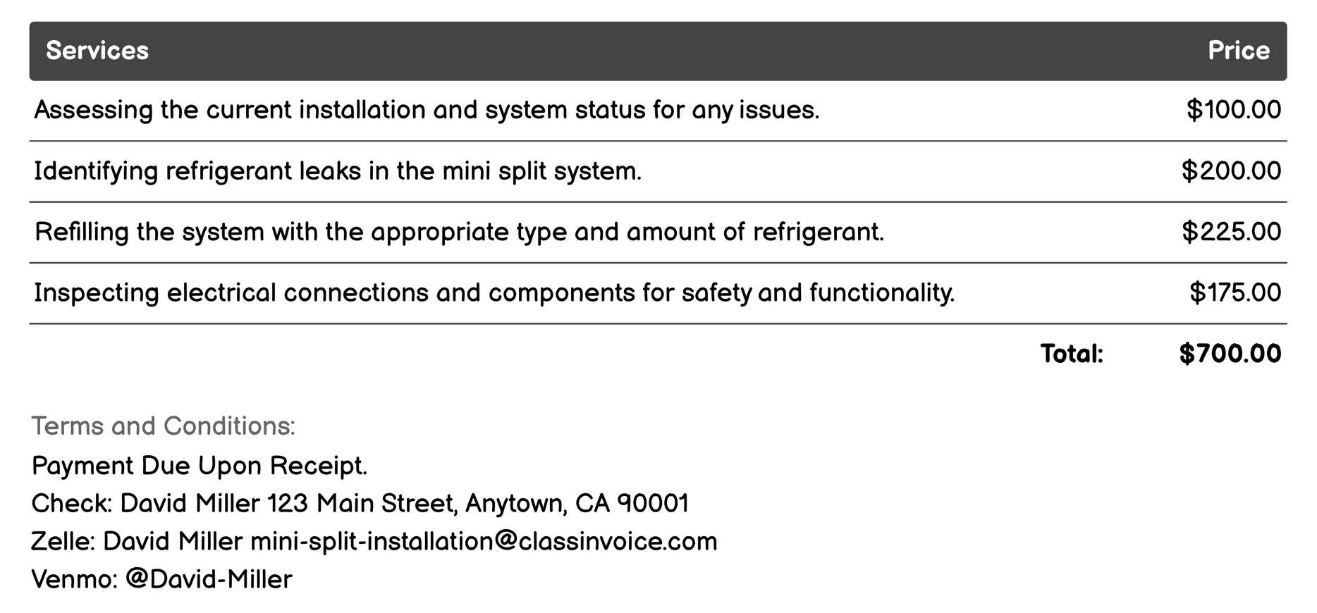 Maintenance and Troubleshooting Installation Invoice Example