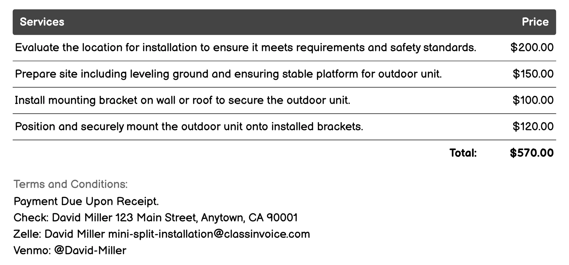 Outdoor Unit Installation Invoice Example