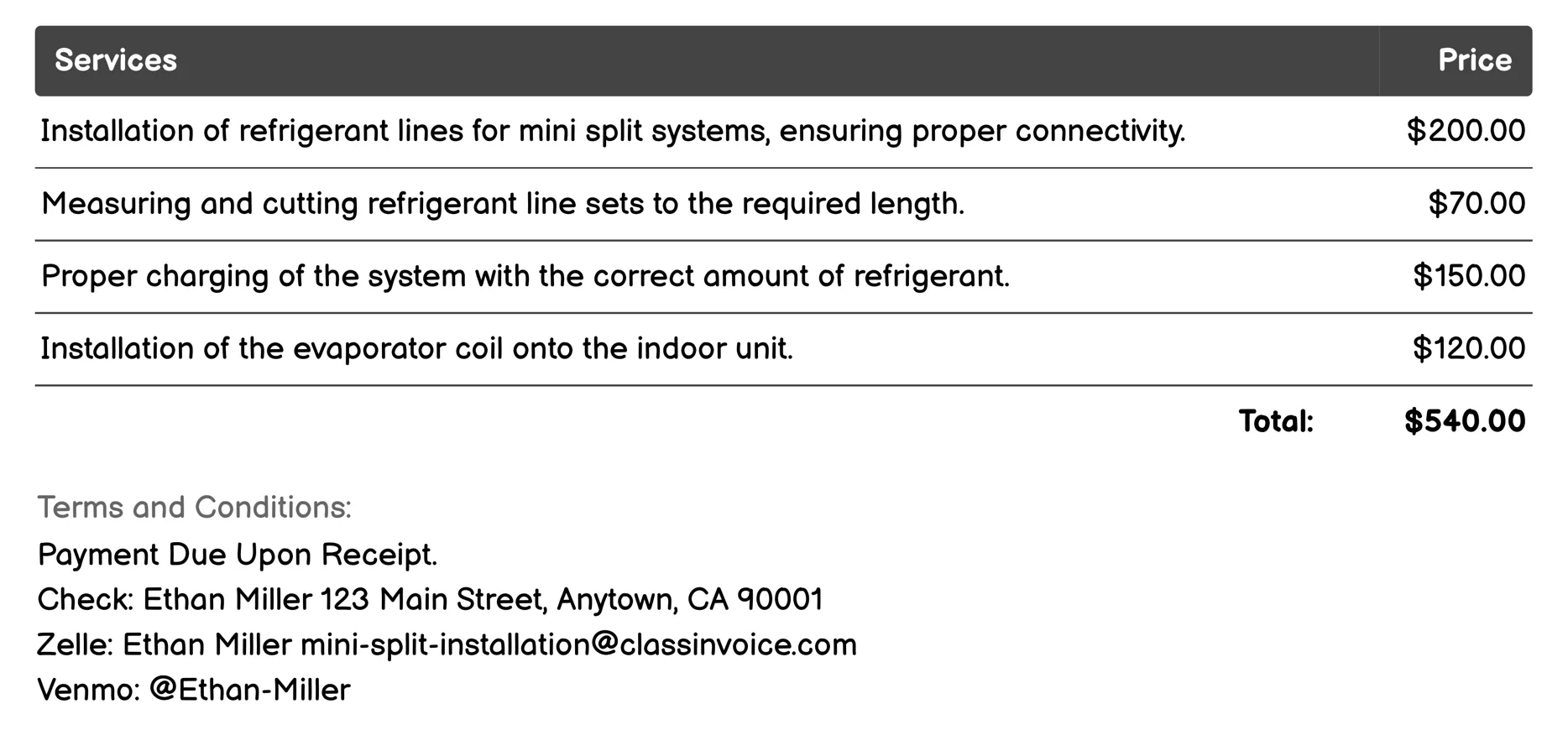 Refrigerant Line Setup Invoice Example
