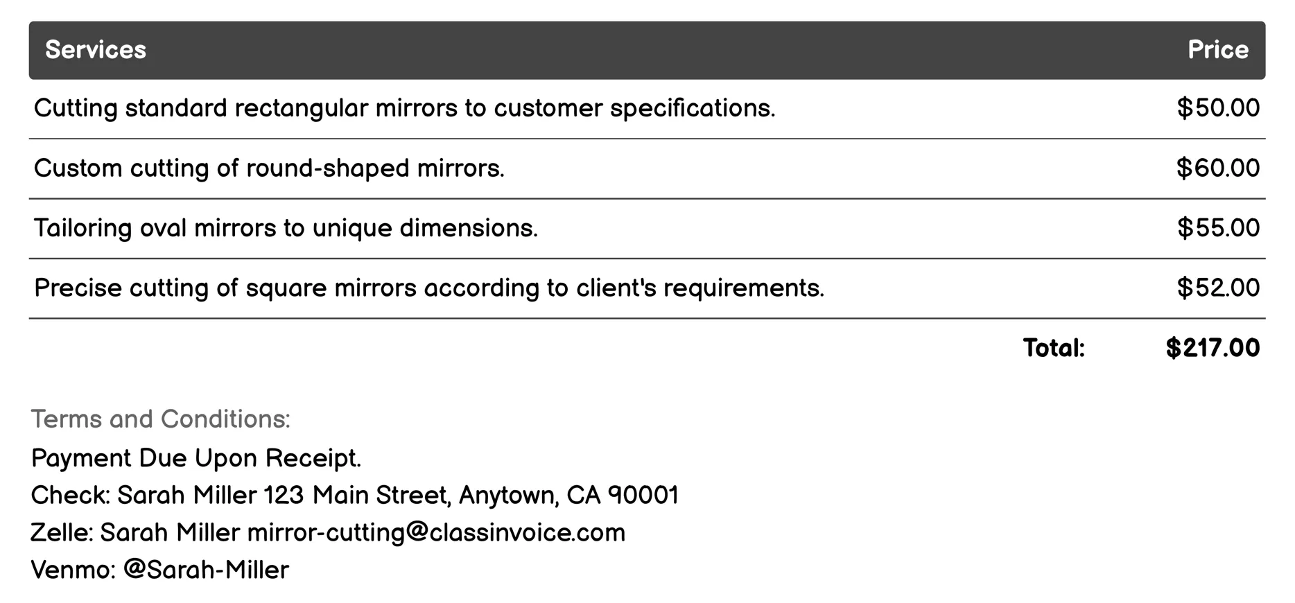 Custom Mirror Shapes Invoice Example