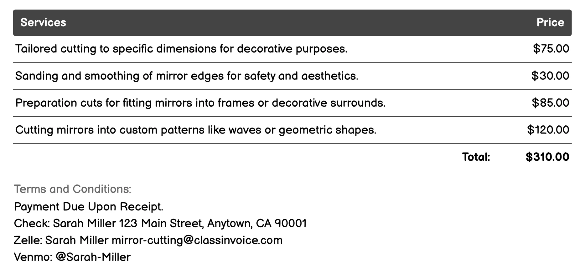 Decorative Mirror Designs Invoice Example