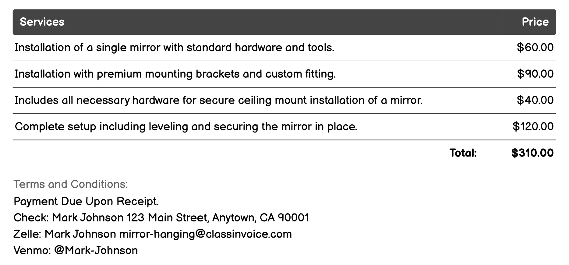 Ceiling Mounting Service Invoice Example