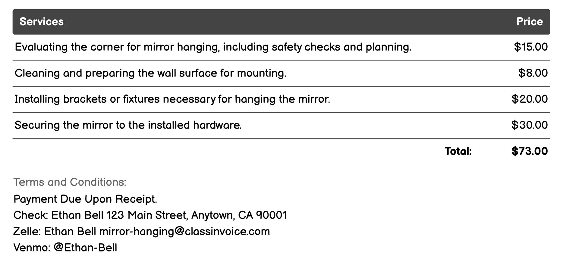 Corner Mirror Hanging Invoice Example