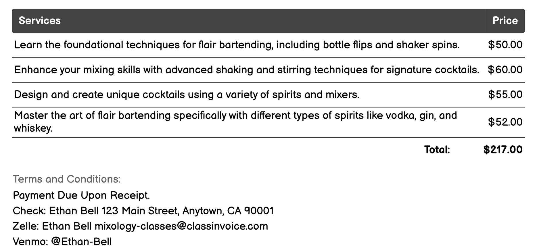 Flair Bartending Training Invoice Example
