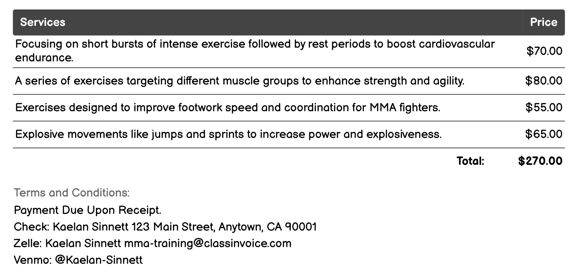 Conditioning Workouts Invoice Example