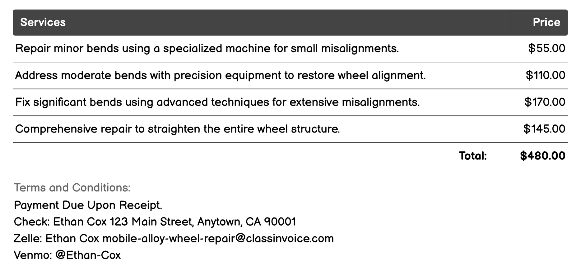 Bend Correction Invoice Example