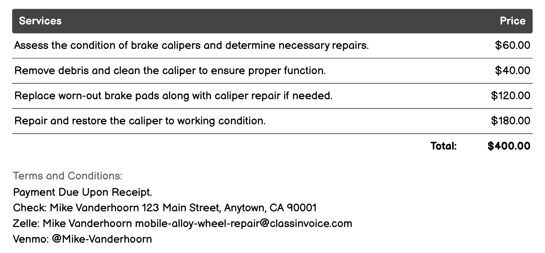 Brake Caliper Repair Invoice Example