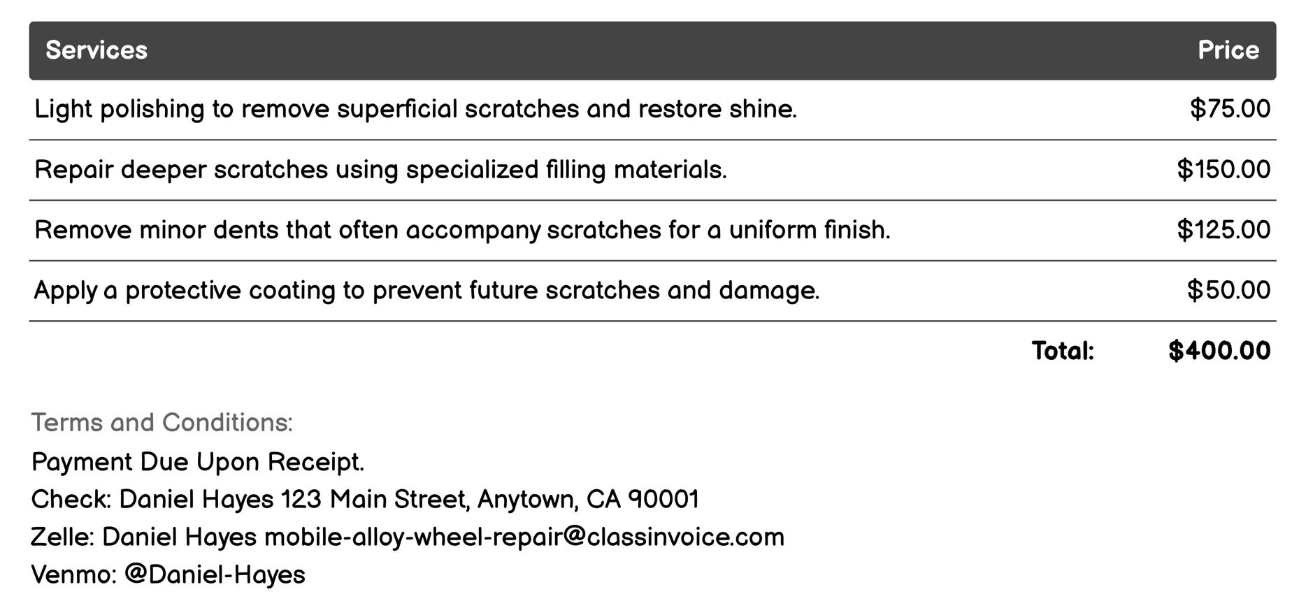 Scratch Removal Invoice Example